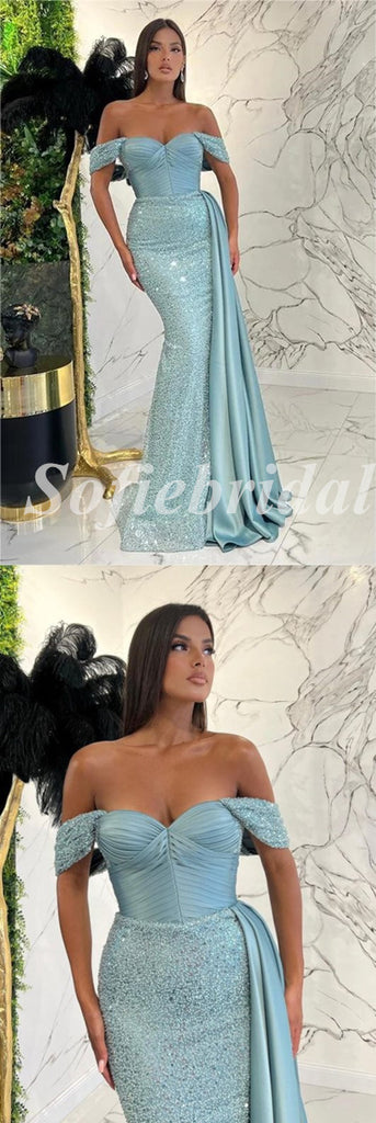 Elegant Sequin And Satin Off Shoulder Sleeveless Mermaid Long Prom Dresses With Trailing,SFPD0656