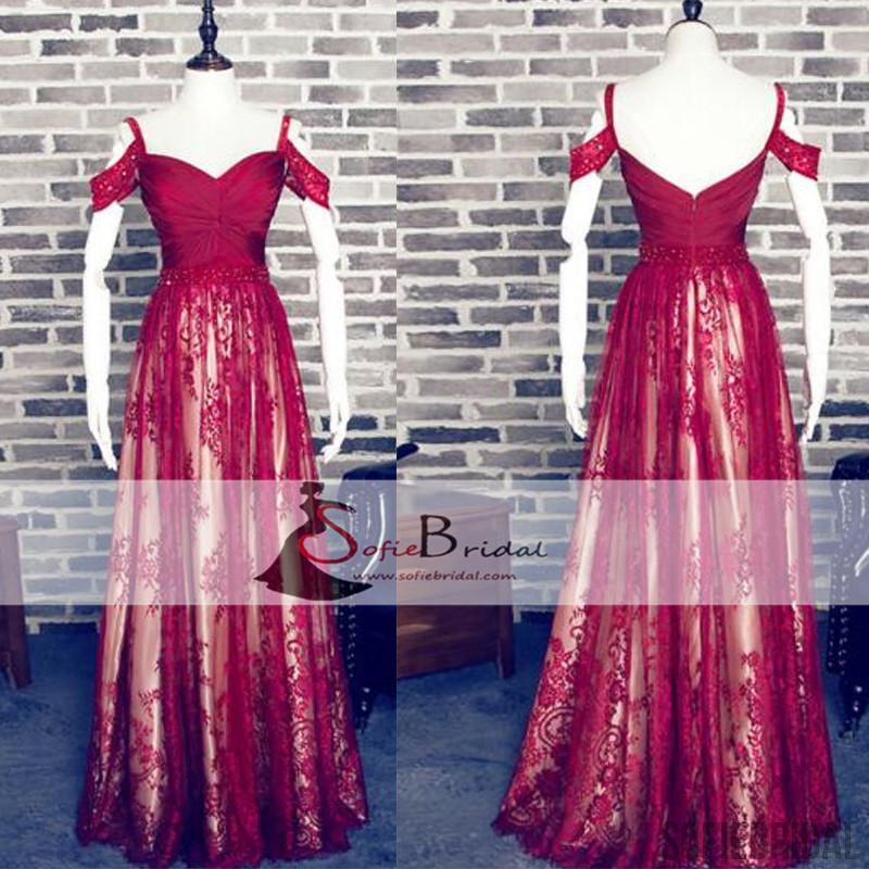 Off Shoulder Red Lace Beaded Prom Dresses, Long A-line Prom Dresses, Prom Dresses, PD0442