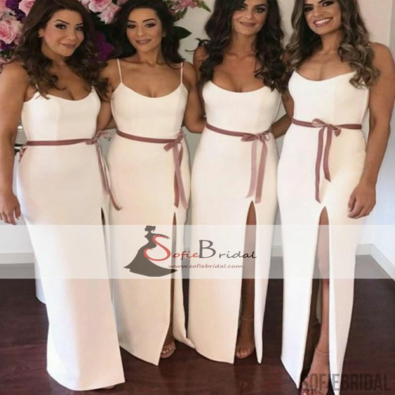 Spaghetti Ivory Side Slit Bridesmaid Dresses, Sheath Bridesmaid Dresses, Wedding Guest Dresses, PD0476