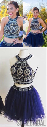 2 Pieces Navy Homecoming Dresses, Rhinestone Beaded Homecoming Dresses, Homecoming Dresses, SF0106
