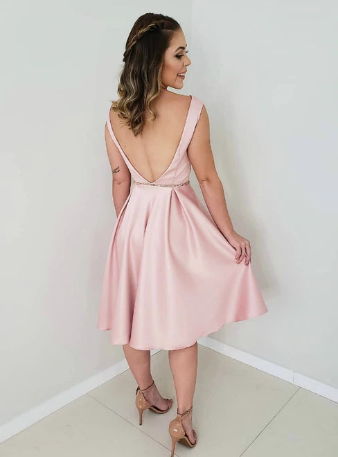 A-line Cap-sleeves Simple Pink Satin Long Homecoming Dress, HD0158