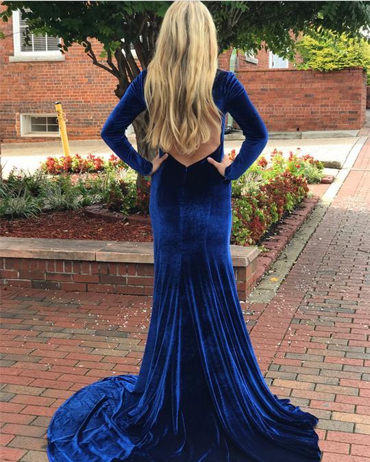 Long Sleeves V-neck Royal Blue Long Velvet Prom Dresses, Simple Prom D SofieBridal Long Sleeves V-neck Royal Blue Long Velvet Prom Dresses, Simple Prom D SofieBridal