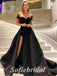 Elegant Satin Off Shoulder V-Neck Sleeveless Side Slit A-Line Long Prom Dresses, PD0871