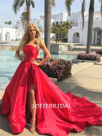 Strapless Gergeous Long Red Satin Prom Dresses With Split, PD1011