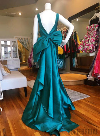 Turquoise V-neck Long Mermaid Prom Dresses With Bow Knot, Prom Dresses, PD0756