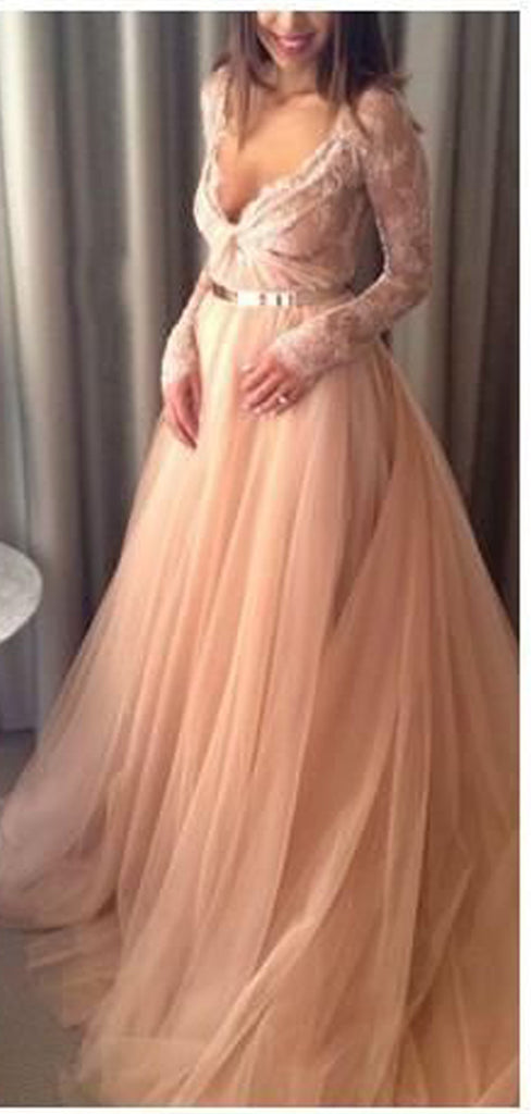 Sexy V-neck Long Sleeve Lace Long A-line Prom Dresses, Long Prom Dresses, PD0218