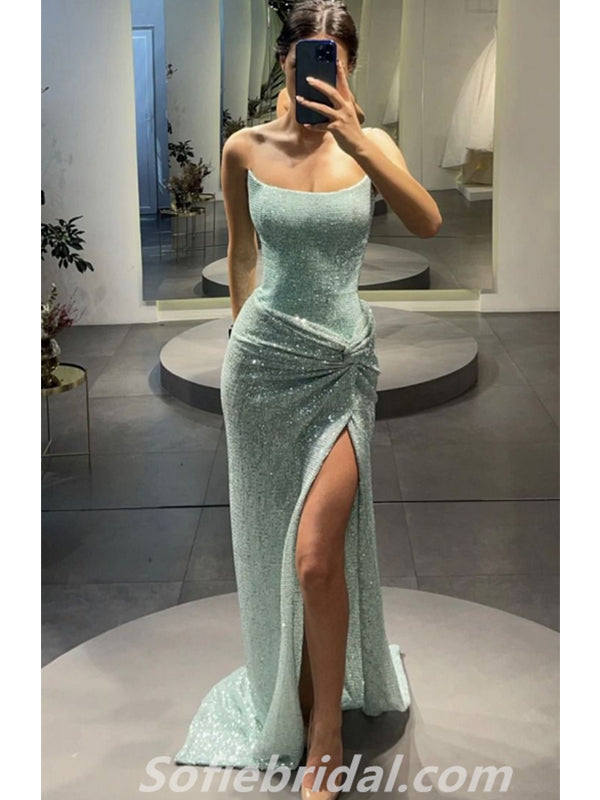Charming Sequin  Sweetheart Sleeveless Mermaid Side Slit Long Prom Dresses,SFPD0317
