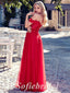 Sexy Red Tulle Cold Shoulder Sleeveless Criss Cross Side Slit A-Line Long Prom Dresses,SFPD0681