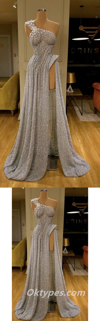 Sexy Sequin One Shoulder Sleeveless Side Slit Mermaid Long Prom Dresses With Beading,SFPD0273