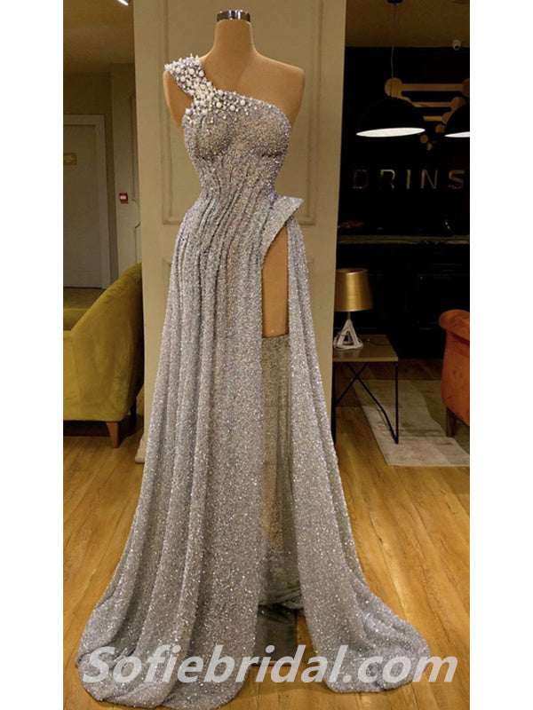 Sexy Sequin One Shoulder Sleeveless Side Slit Mermaid Long Prom Dresses With Beading,SFPD0273
