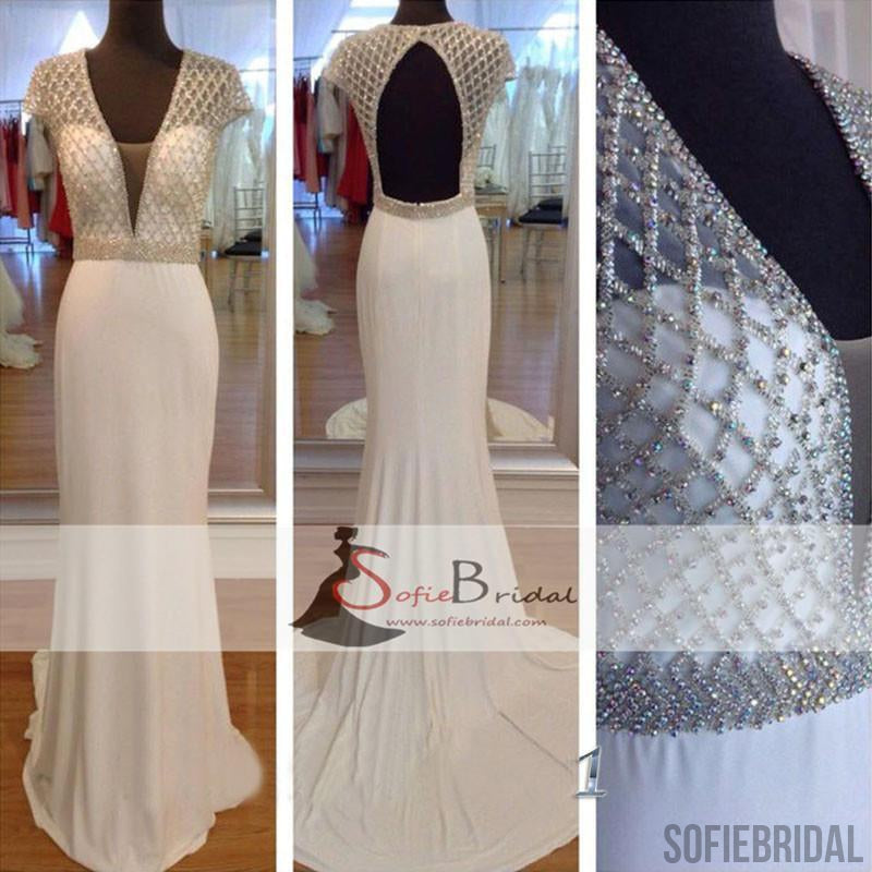 Elegant Cap Sleeve Beaded Long Mermaid Jersey Prom Dresses, Open Back Prom Dress, PD0422
