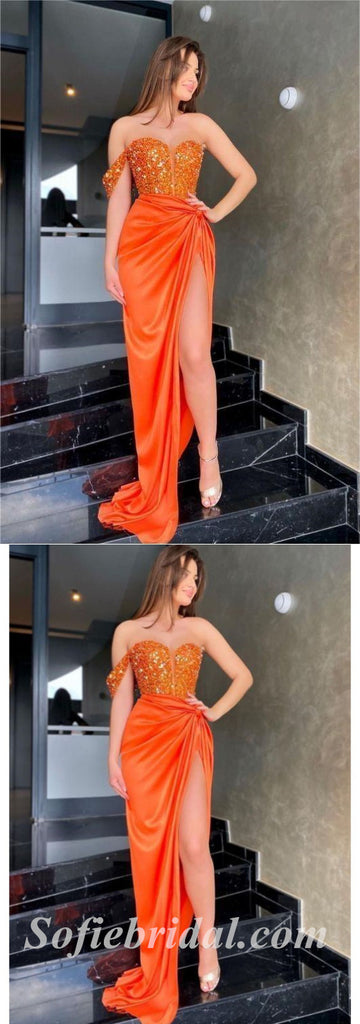 Sexy Orange Sequin Top Satin Bottom One Shoulder Sleeveless Side Slit Mermaid Long Prom Dresses,SFPD0551