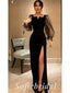 Elegant Black Tulle And Satin Long Sleeve Side Slit Sheath Long Prom Dresses,SFPD0607