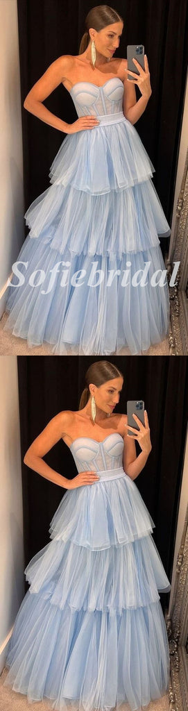 Sexy Tulle Sweetheart V-Neck A-Line Long Prom Dresses, PD0846