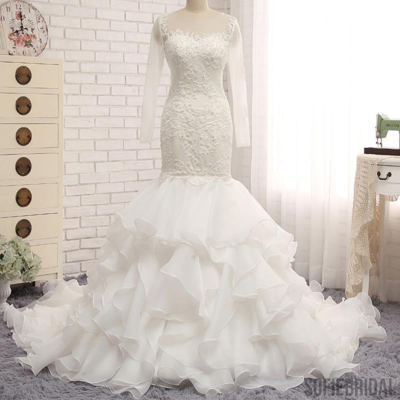 Ivory Long Sleeve See Through Lace Mermaid Chiffon Wedding Dresses, Bridal Gown, WD0242