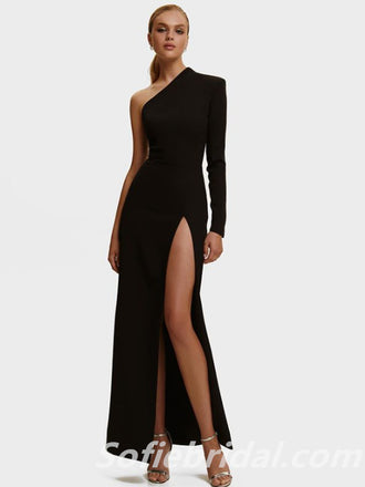 Elegant Black Satin One Sleeve Side Slit Sheath Floor Length Prom Dresses,SFPD0301