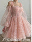 Lovely Pink Tulle Spaghetti Straps Long Sleeve A-Line Midi Prom Dresses ,SFPD0541