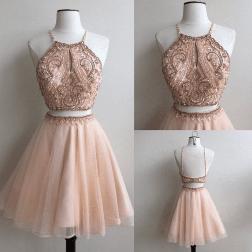 Halter Beaded Cheap Two Piece Homecoming Dresses 2018, CM435