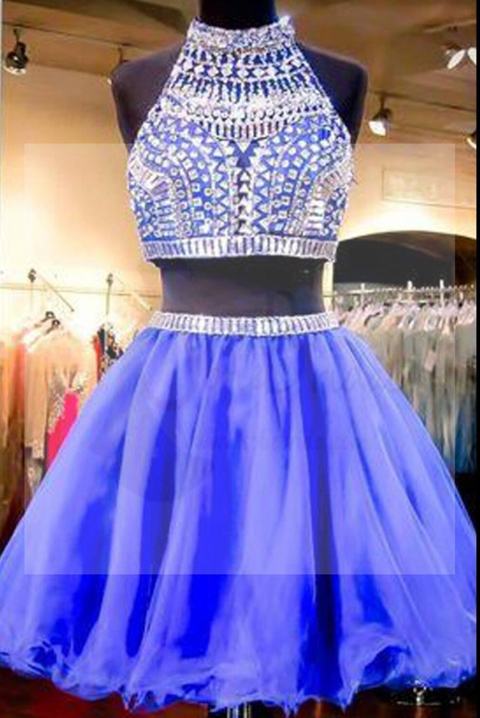 Sexy 2 pieces beaded Royal Blue short homecoming prom dresses, CM0028
