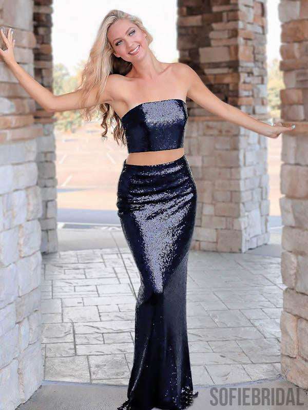 2 Pieces Navy Sequin Long Mermaid Strapless Prom Dresses, PD0800