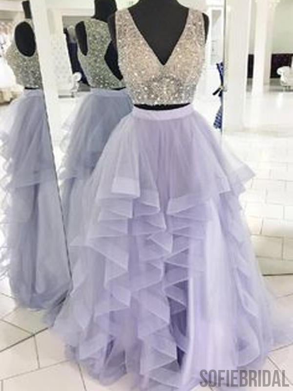 2 Pieces Prom Dresses, Beaded Prom Dresses, Lilac Prom Dresses, Long Prom Dresses, PD0681