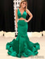 2 Pieces Emerald Green Satin Mermaid V-neck Prom Dresses, PD0865