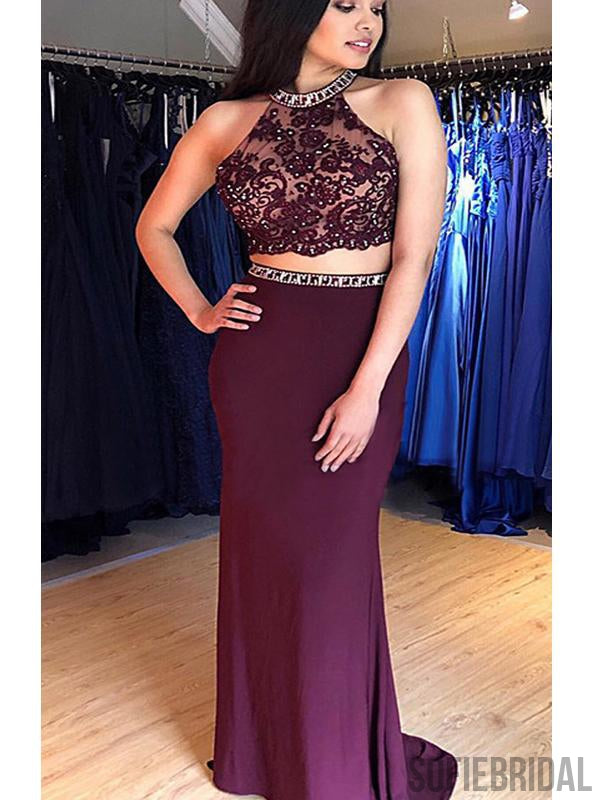 2 Pieces Prom Dresses, Halter Lace Beaded Mermaid Prom Dresses, PD0819