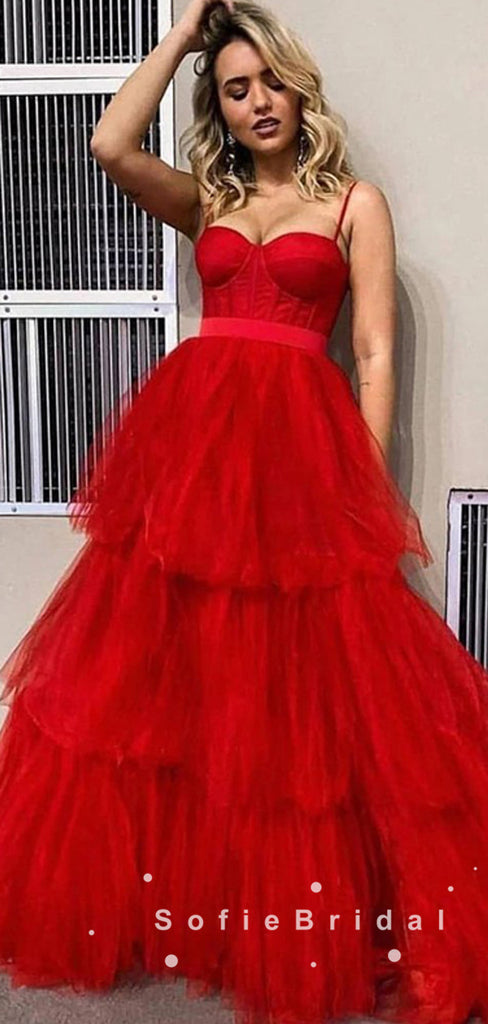 A-Line Sweetheart Spaghetti Straps Red Tulle Long Prom Dresses,SFPD0003