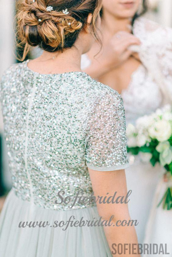 V-neck Sequin Top Tulle Bridesmaid Dresses, Sage Bridesmaid Dresses, Cheap Bridesmaid Dresses, PD0493