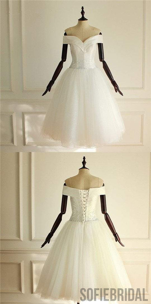 Off Shoulder Satin Tulle Short Wedding Dresses, Elegant Beaded Ivory Wedding Dresses, WD0236