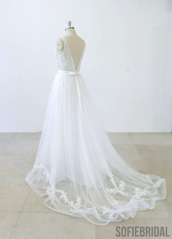 Simple V Neck Lace Chapel Tail A-line White Wedding Dresses Online, WD372