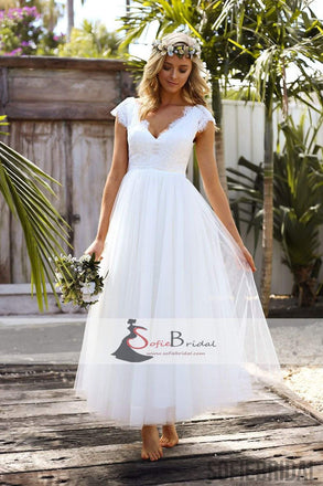 Cap Sleeve V-neck Long A-line Lace Tulle Wedding Dresses, Open Back Wedding Dresses, WD0260