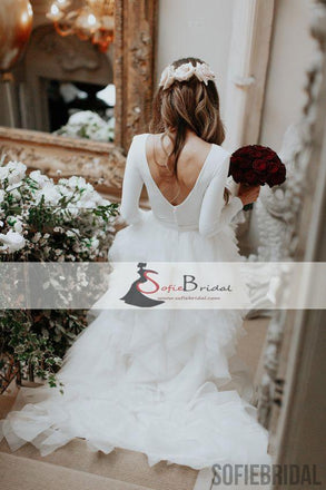 Round Neck V-back Wedding Dresses, Long Sleeve Jersey Tulle Wedding Dress, Bridal Gown, WD0270