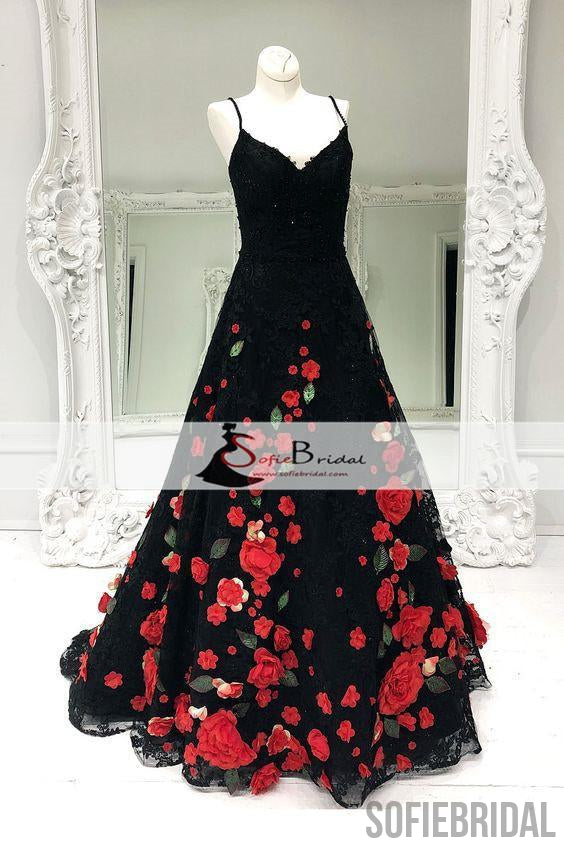 Black Lace Handmade Flowers Prom Dresses, A-line Prom Dresses, Lovely SofieBridal Black Lace Handmade Flowers Prom Dresses, A-line Prom Dresses, Lovely SofieBridal