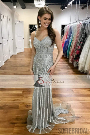 Silver Rhinestone Shiny Prom Dresses, Spaghetti Mermaid Prom Dress, Prom Dresses, PD0433