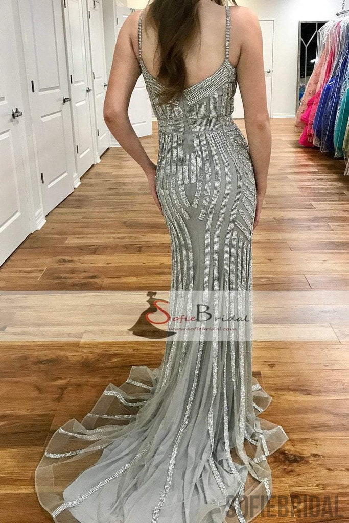 Silver Rhinestone Shiny Prom Dresses, Spaghetti Mermaid Prom Dress, Prom Dresses, PD0433