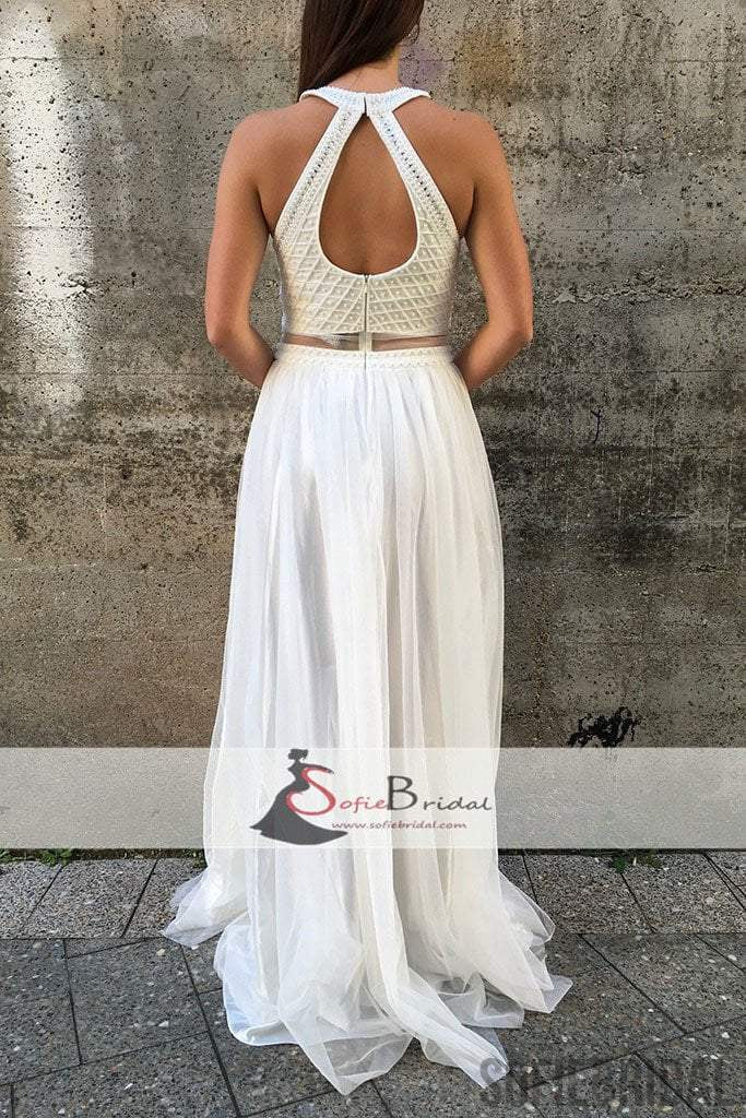 White Beaded Top Tulle A-line Prom Dresses, Lovely Open Back Prom Dress, Prom Dresses, PD0469