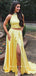 A-Line High Neck Two Piece Yellow Long Prom Dresses With Beading,SFPD0030