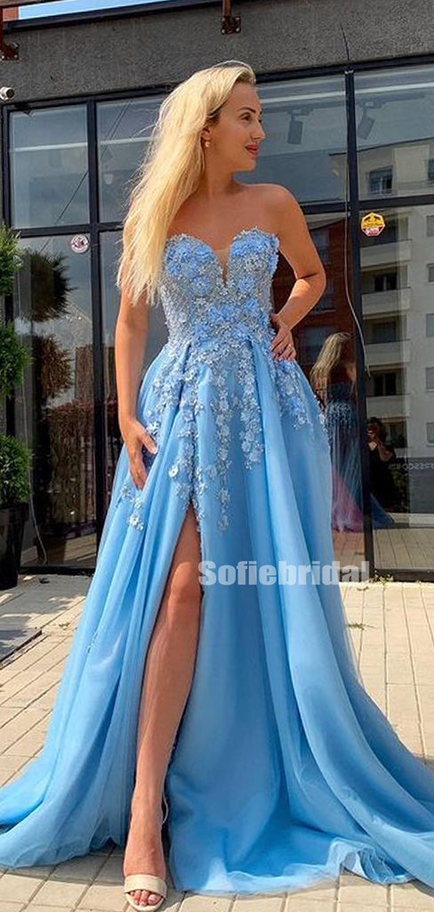 Simple Sweetheart A-line Tulle Side Slit Long Prom Dresses,SFPD0121