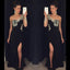 One Shoulder Black Jersey Side Slit Rhinestone Prom Dresses, See Through Long Prom Dresses, PD0314