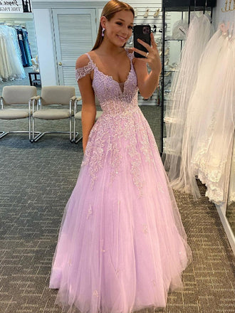 A-line Spaghetti Straps V-neck Lace Long Prom Dresses Online,SFPD0110