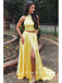 A-Line High Neck Two Piece Yellow Long Prom Dresses With Beading,SFPD0030