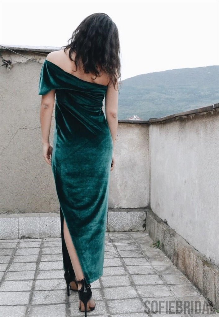 One Shoulder Emerald Side Slit Long Prom Dresses, PD0834