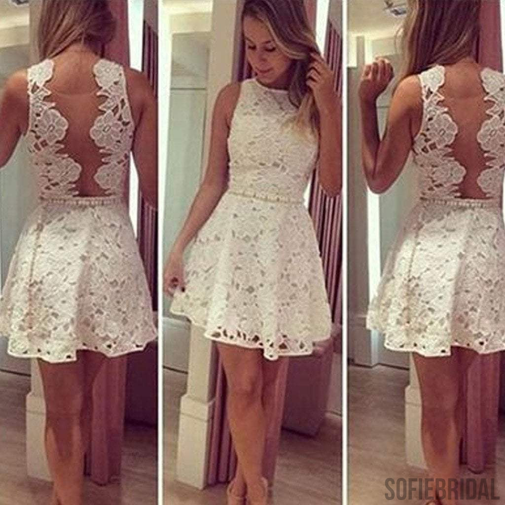 Scoop White Lace Sleeveless Popular Pretty Homecoming Dresses, SF0061