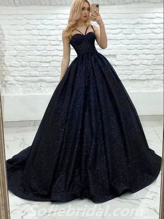 Elegant Black Sequin Tulle Spaghetti Straps A-Line Long Prom Dresses/Graduation Evening Dresses,SFPD0287