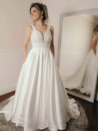 Sexy Backless V Neck A-line Custom Wedding Dresses Online, WD350