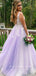 A-Line V-Neck Sleeveless Tulle Long Prom Dresses With Lace,SFPD0032