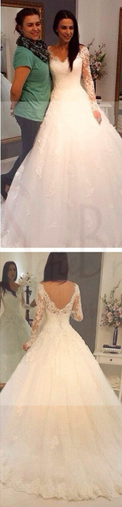 Charming V-Neck Long Sleeve Lace Wedding Party Dresses, Gorgeous Bridal Gown, WD0032