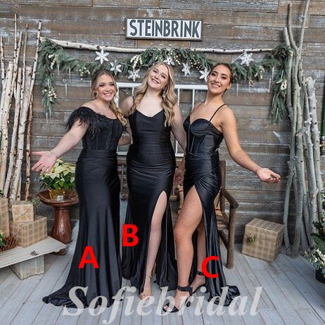 Mismatched Sexy Black Satin Sleeveless Mermaid Long Prom Dresses,SFPD0650