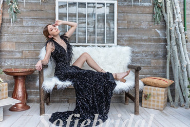 Sexy Black Sequin Spaghetti Straps Deep V-Neck Side Slit Mermaid Long Prom Dresses With Feather,SFPD0645